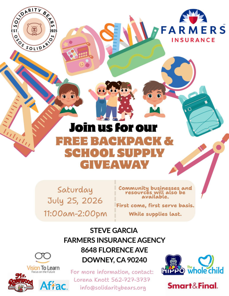 Flyer for the Free Backpack and School Supply Giveaway in Downey on July 25, 2026
