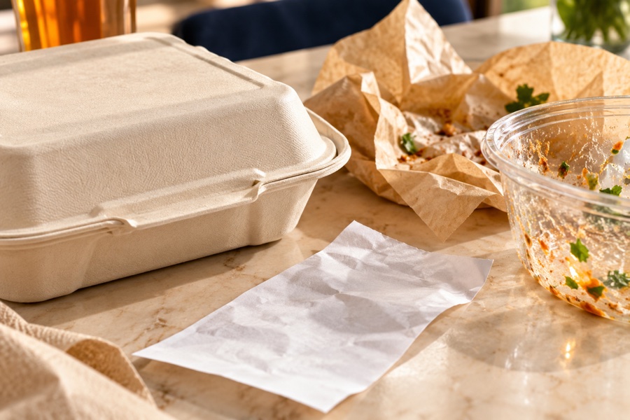 Illustrative takeout containers, food packaging, and a receipt