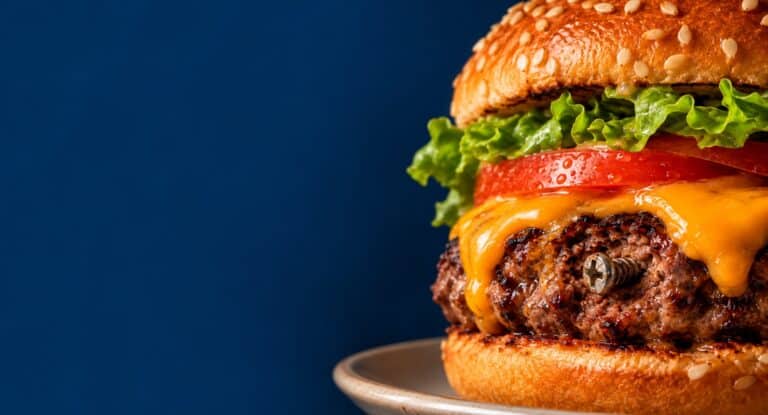 AI-created illustration of a burger with a metal screw in the patty